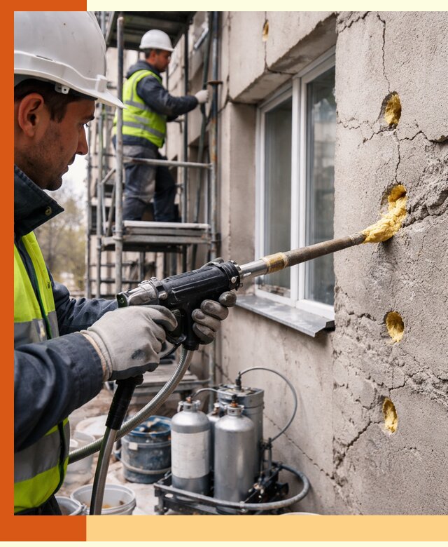 Заполнение пустот в фасаде и утепление стен в Сосновоборске